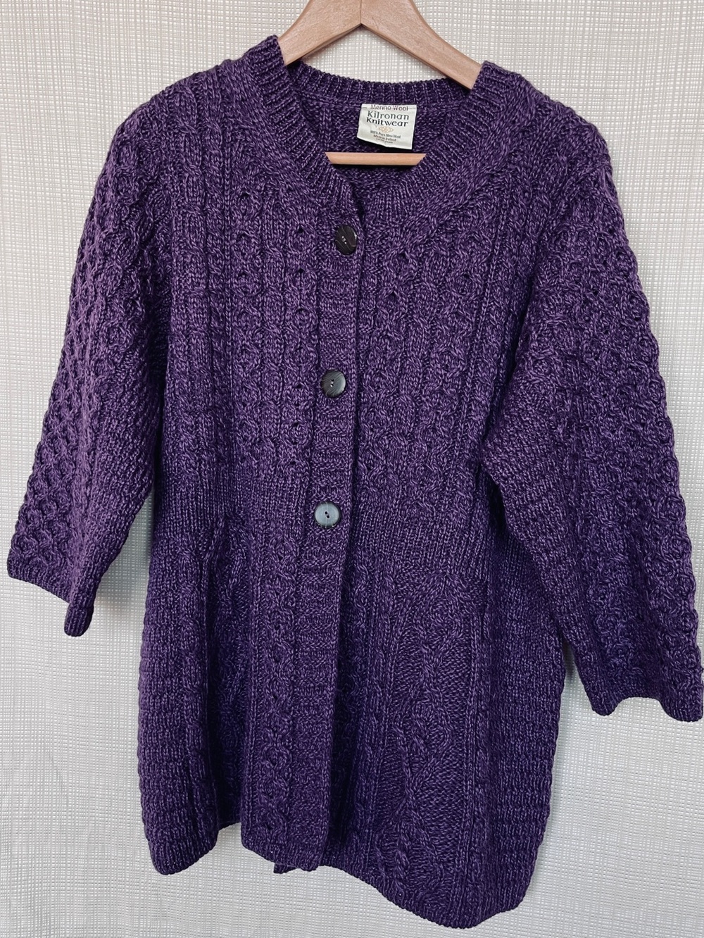 Kilronan Knitwear Cardigan Made in Ireland 100% Pure Merino Wool Purple